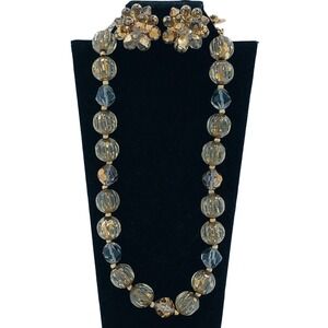 Runway Vendome Lucite Necklace Gold Fleck Art Glass Beads Clip Earrings Set